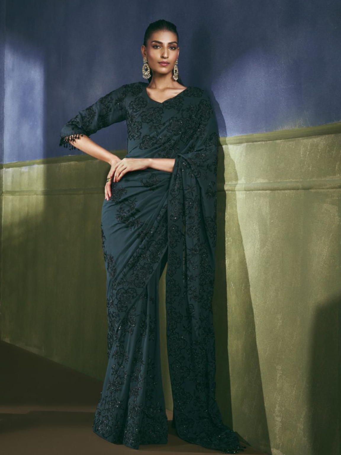 Bottle green embroidered saree