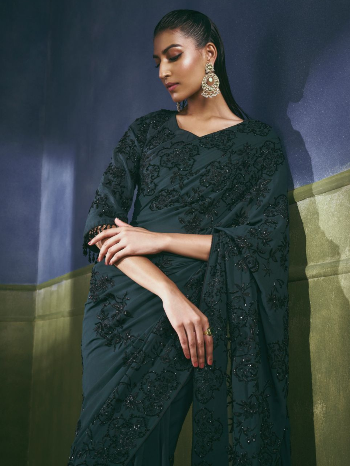 Bottle green embroidered saree
