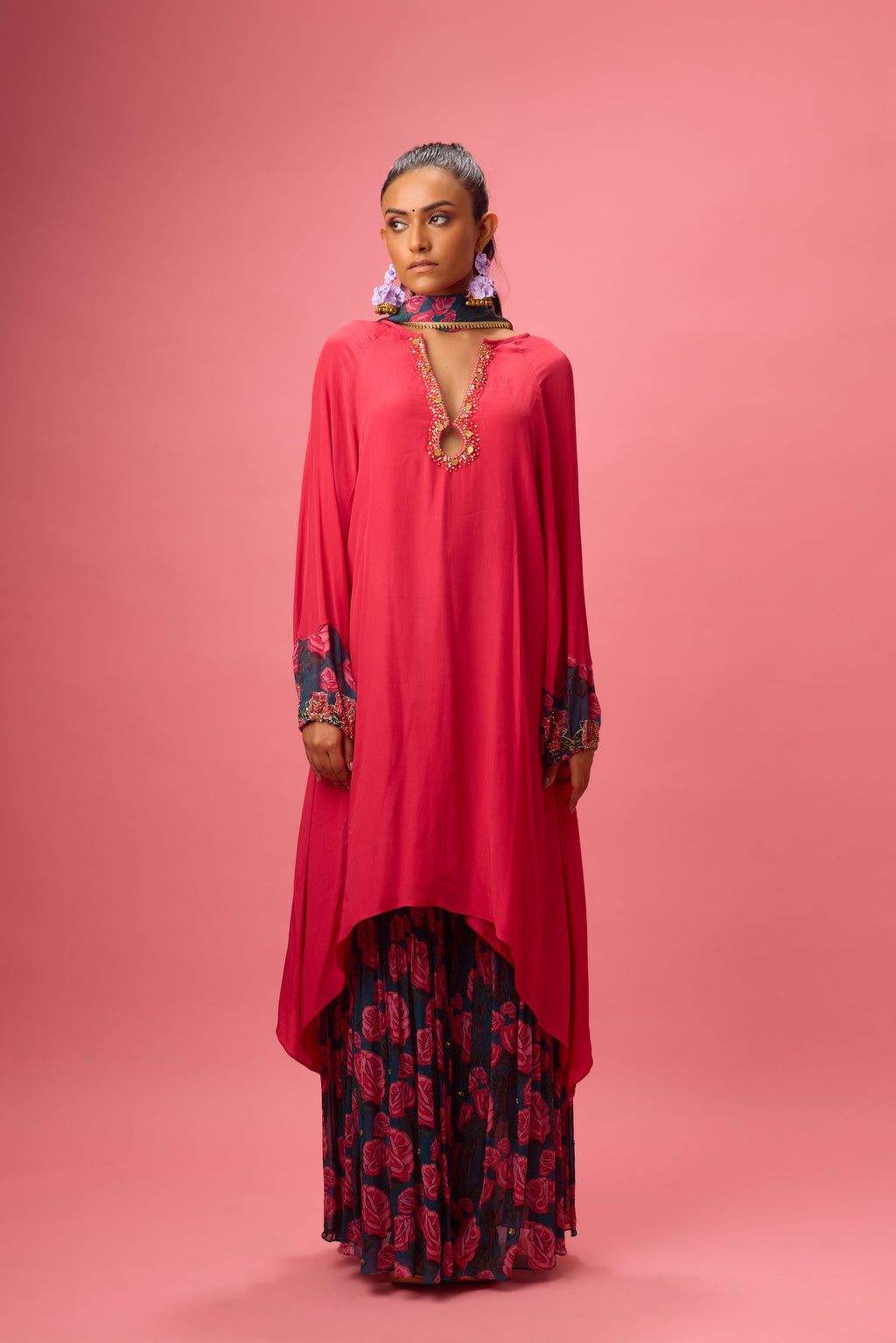 Asymmetrical Handwork Kurti with Printed Sharara and Dupatta