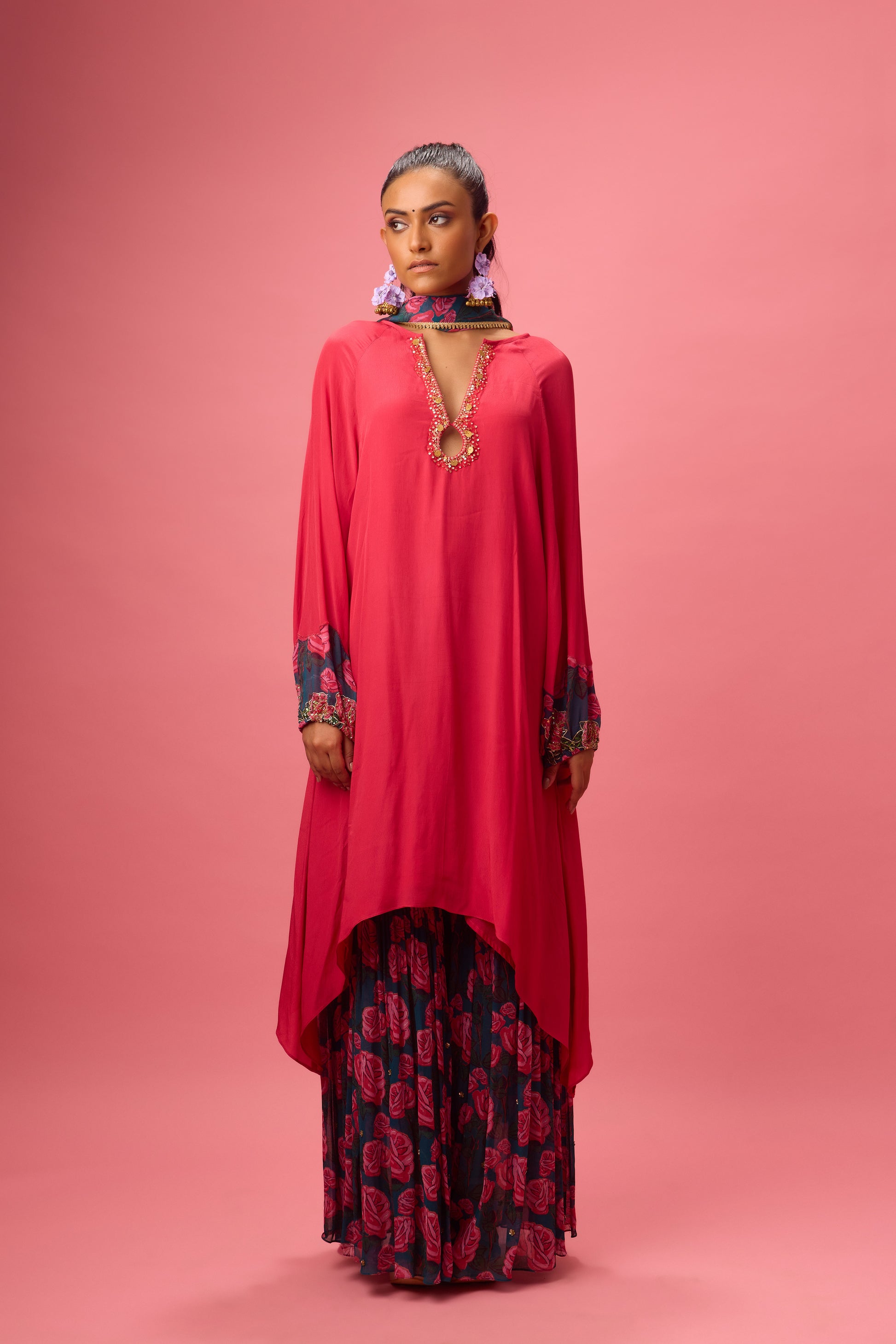 Asymmetrical Handwork Kurta with Printed Sharara and Dupatta