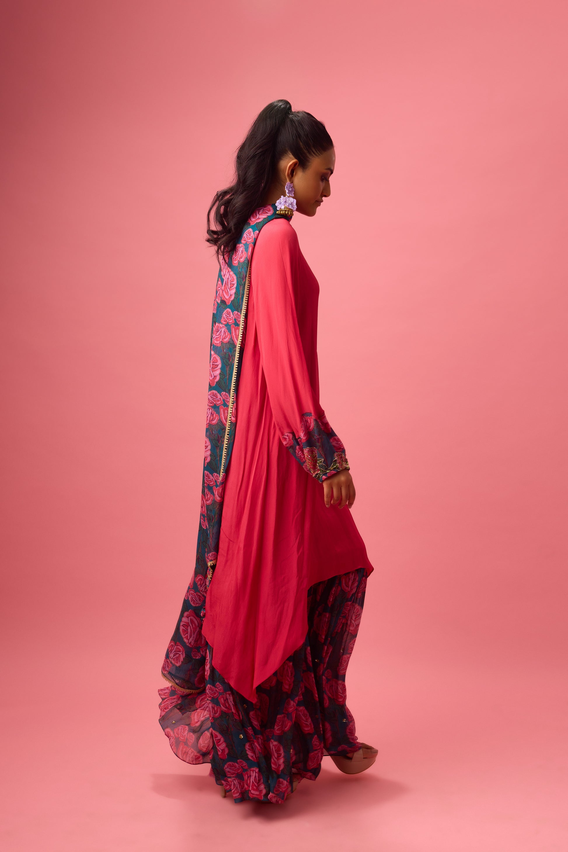 Asymmetrical Handwork Kurta with Printed Sharara and Dupatta