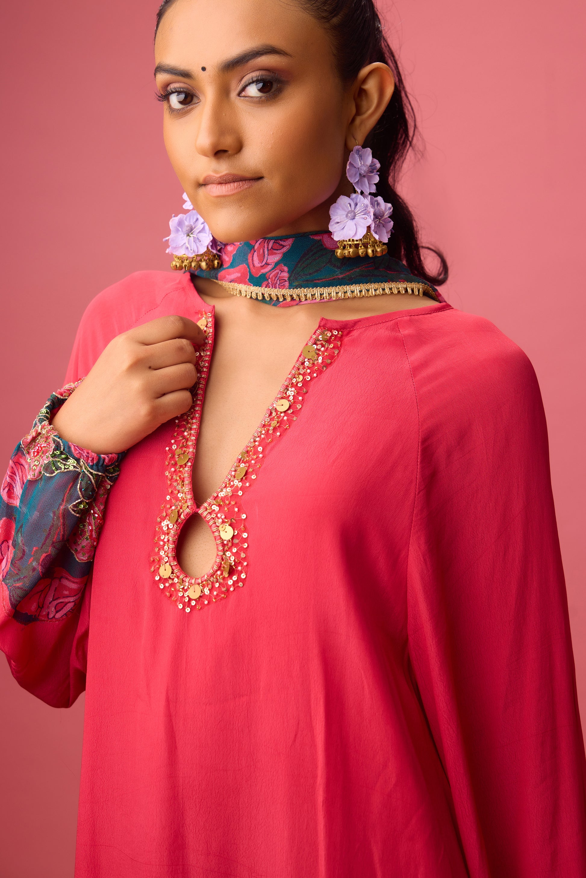 Asymmetrical Handwork Kurta with Printed Sharara and Dupatta