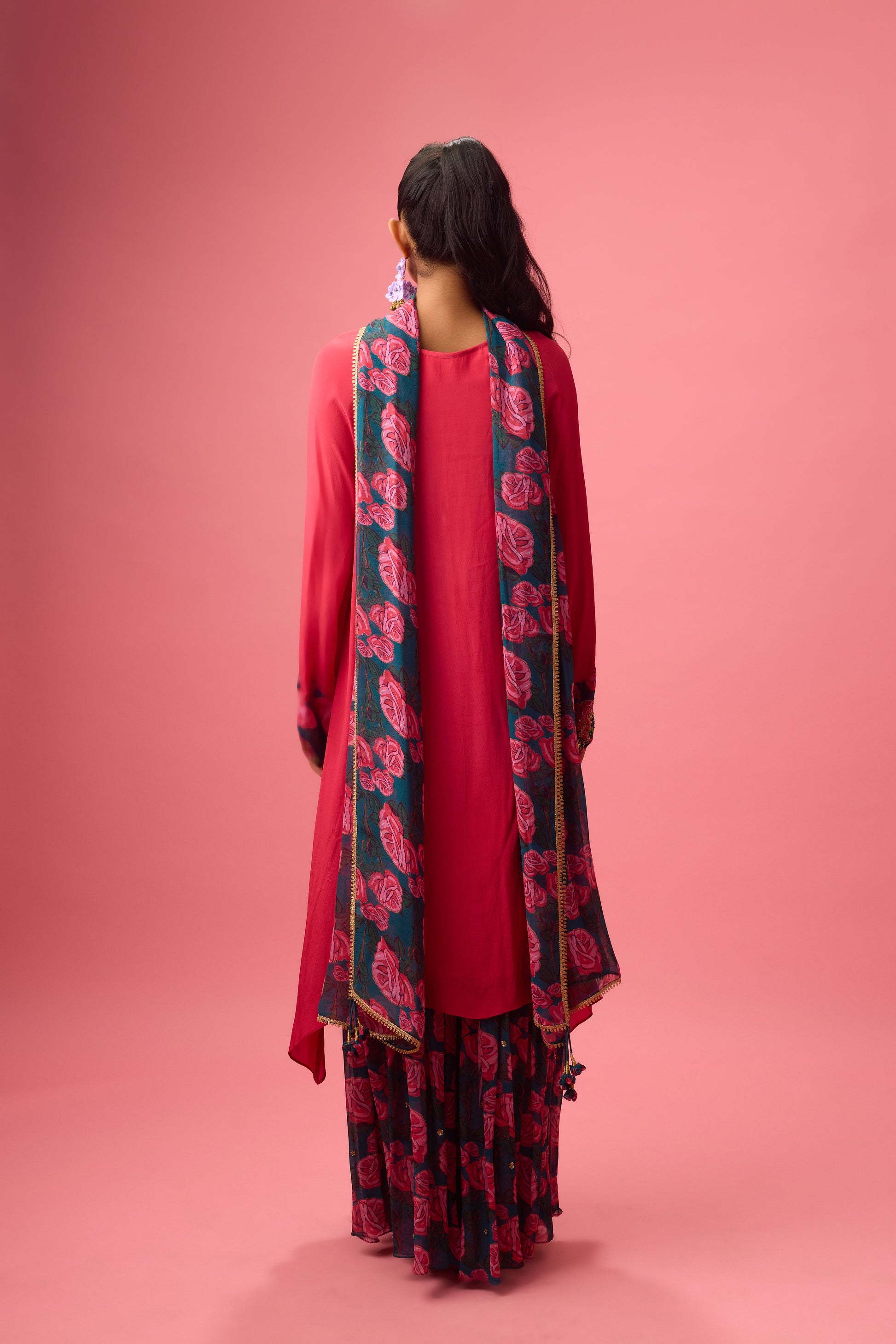 Asymmetrical Handwork Kurta with Printed Sharara and Dupatta