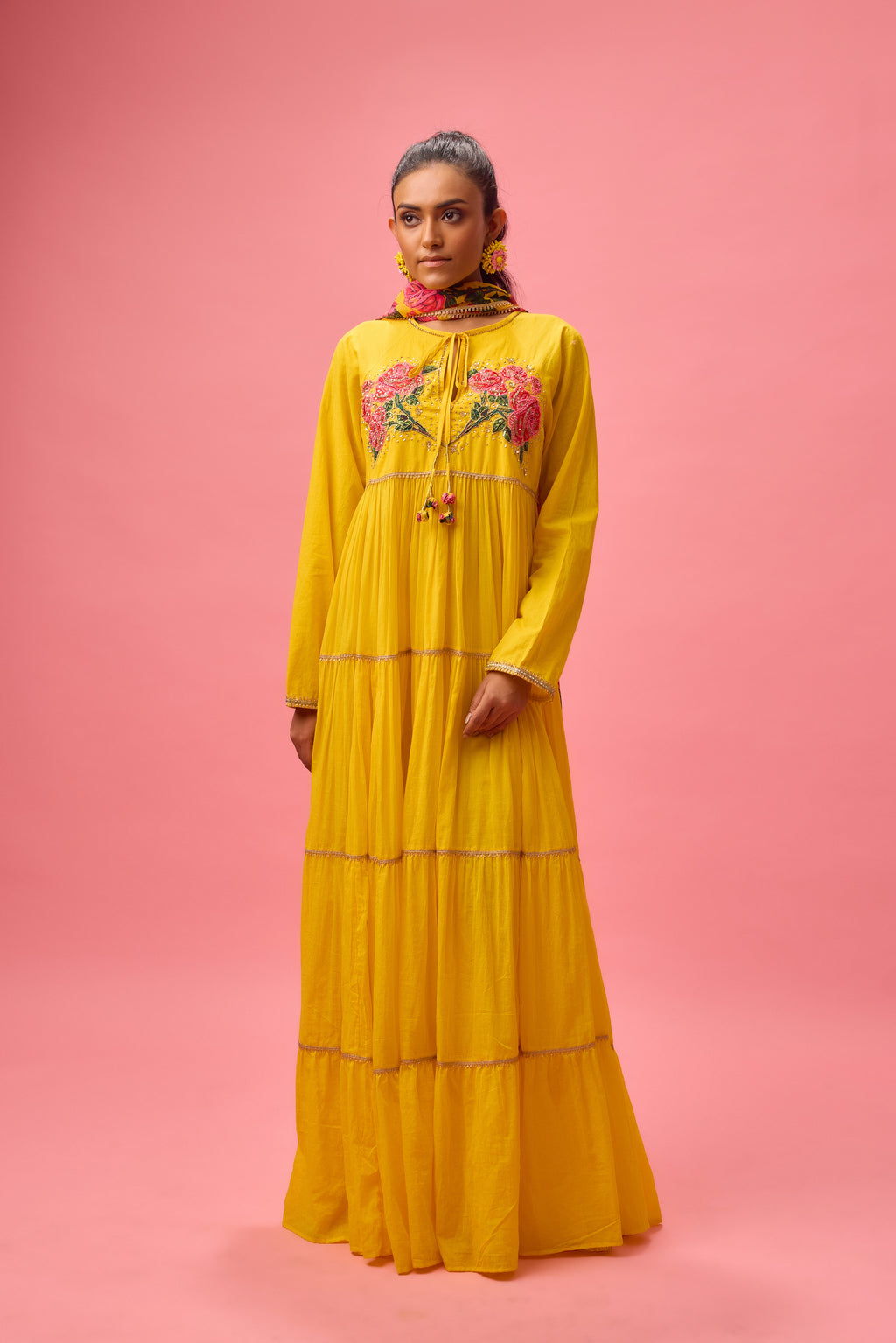 Yellow Rose Applique Kalidar paired with Dupatta and Churidar