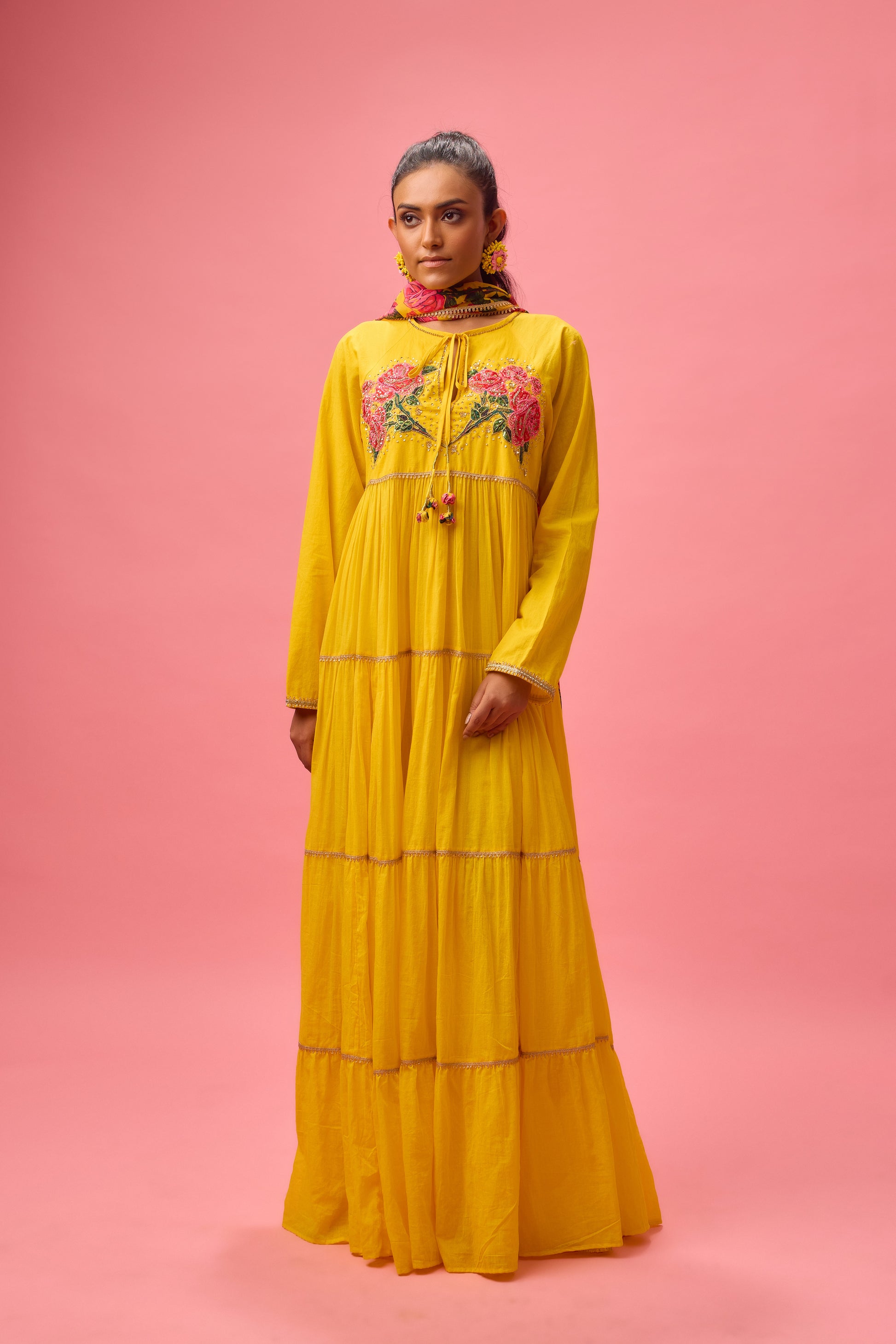 Yellow Rose Applique Kalidar paired with Dupatta and Churidar
