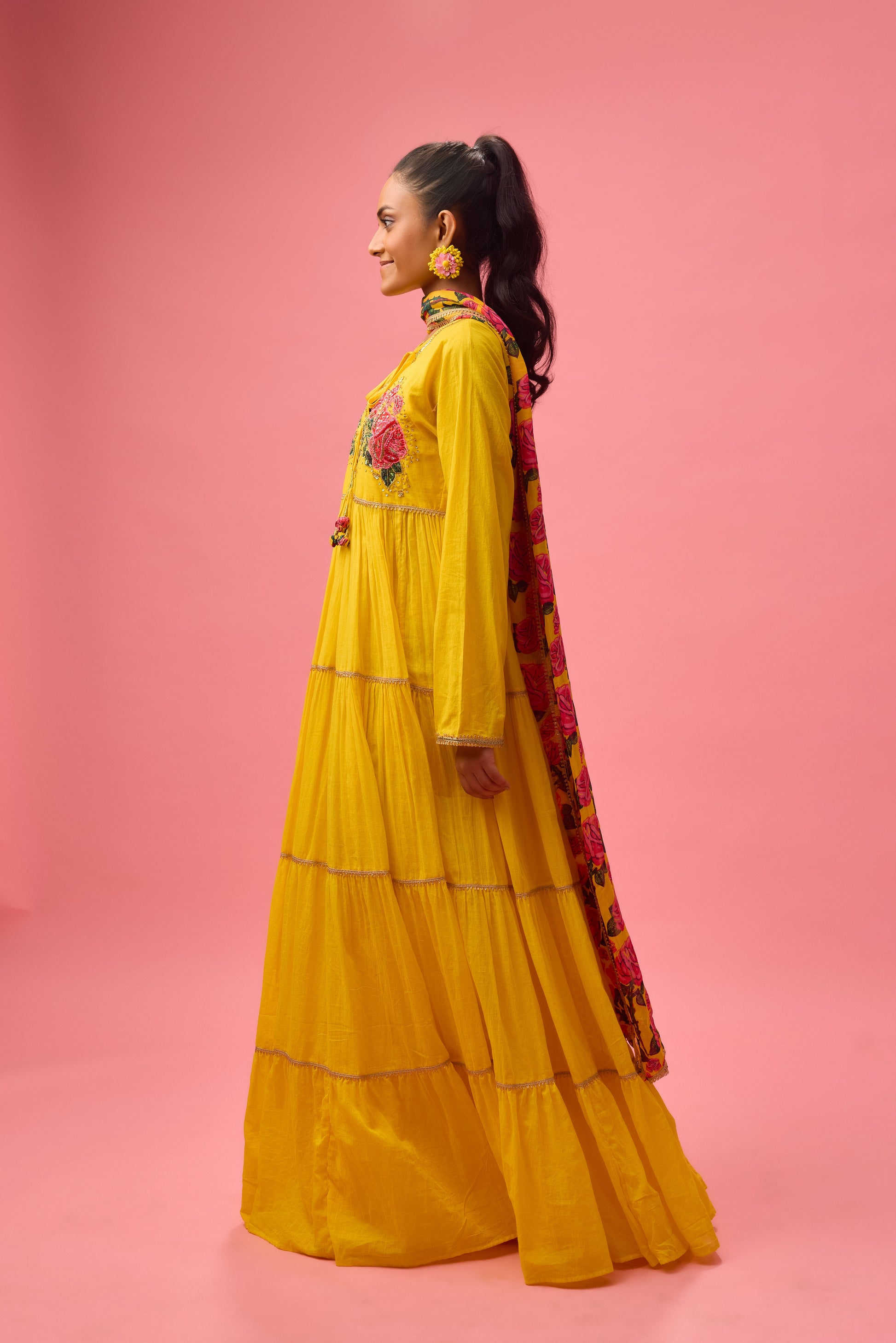 Yellow Rose Applique Kalidar paired with Dupatta and Churidar