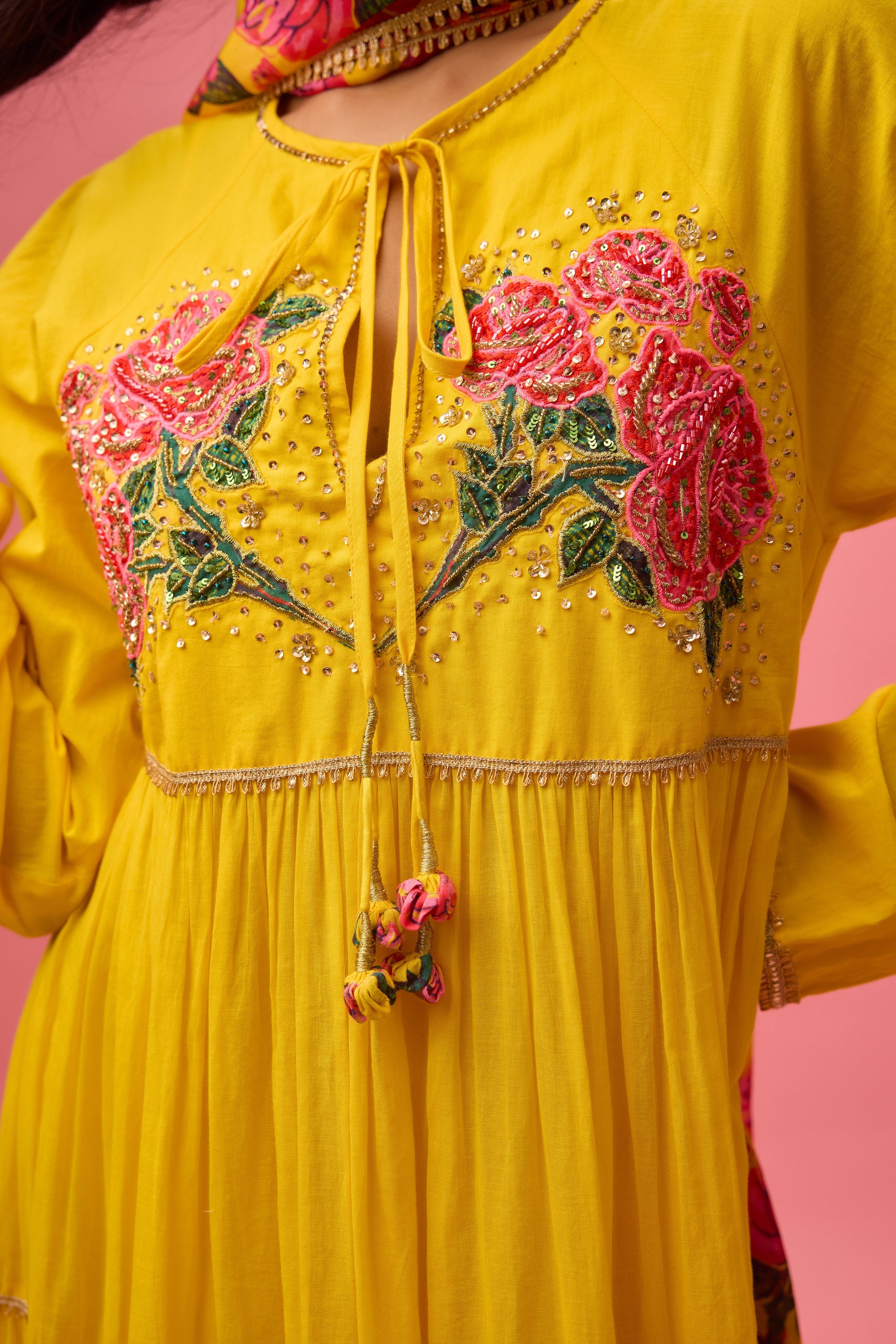 Yellow Rose Applique Kalidar paired with Dupatta and Churidar