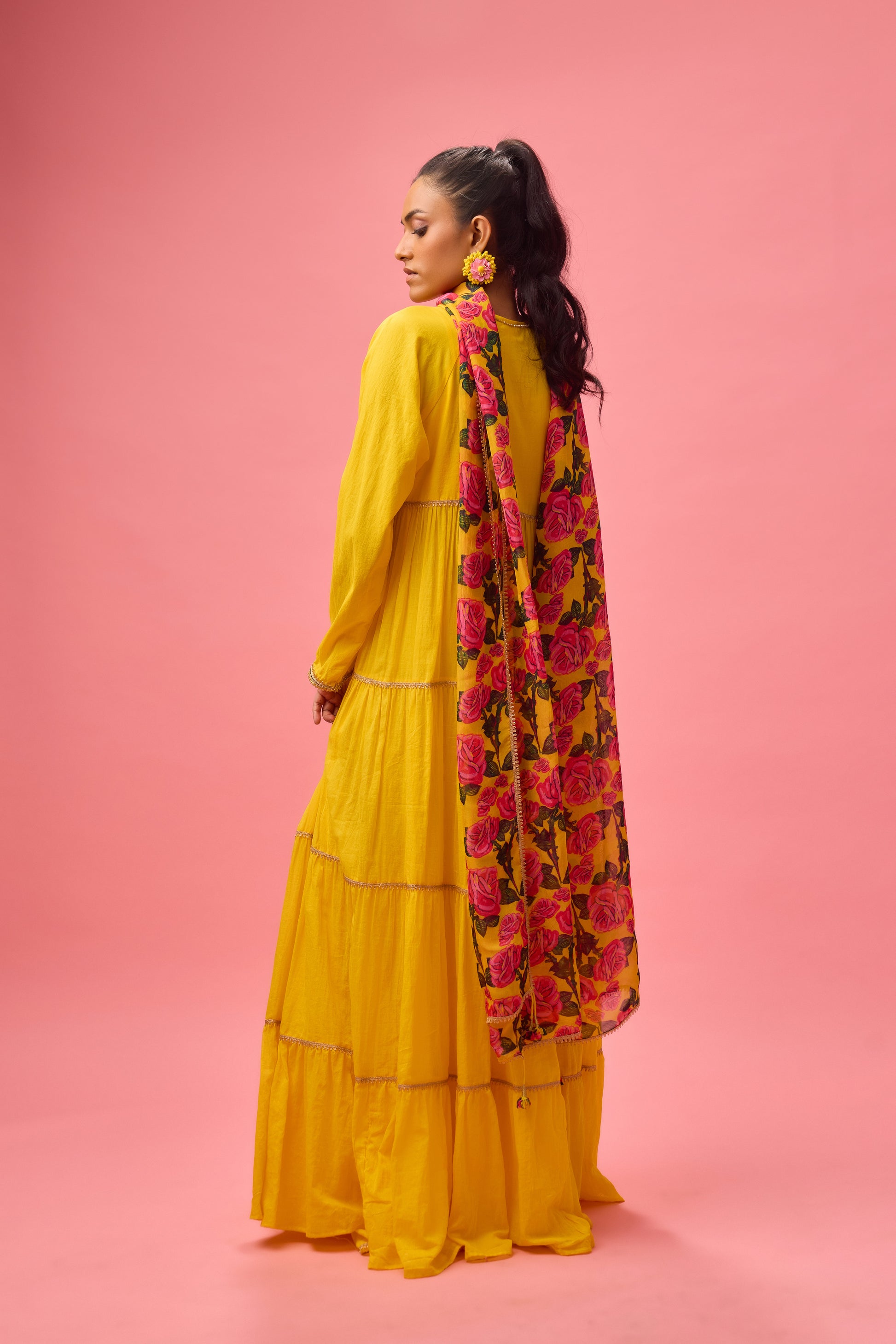 Yellow Rose Applique Kalidar paired with Dupatta and Churidar