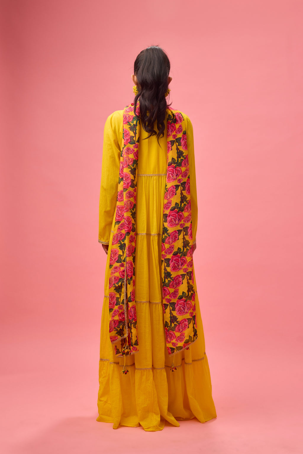 Yellow Rose Applique Kalidar paired with Dupatta and Churidar