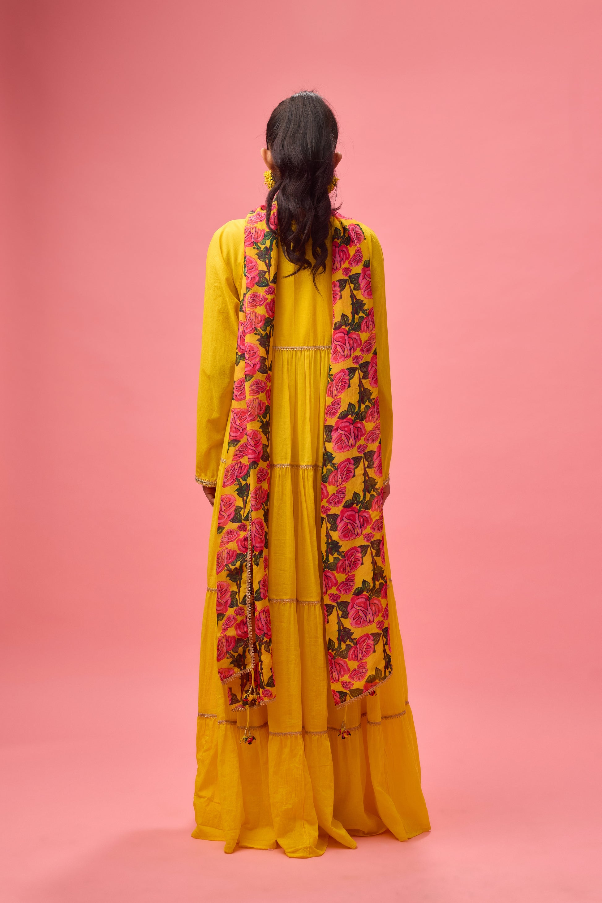 Yellow Rose Applique Kalidar paired with Dupatta and Churidar