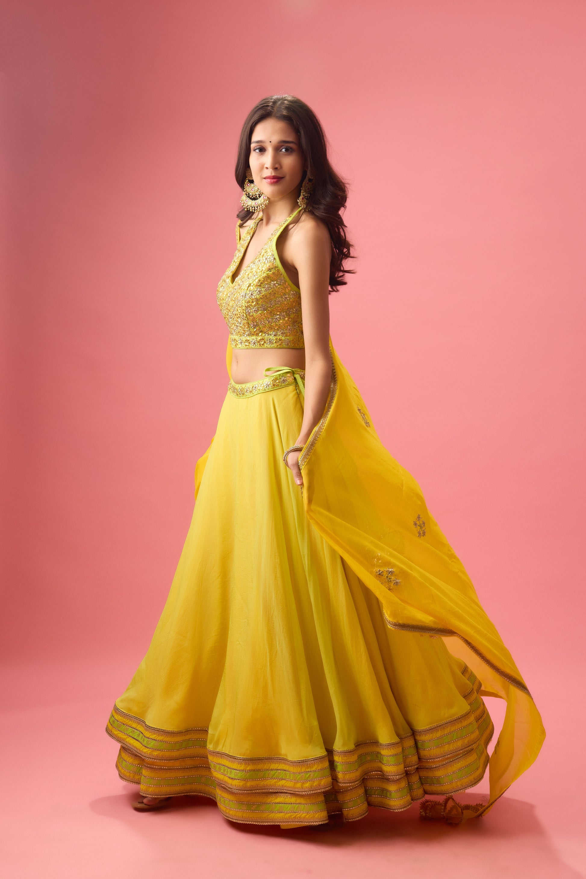 Lime Green Double Layer Organza Lehenga with Blouse and Dupatta