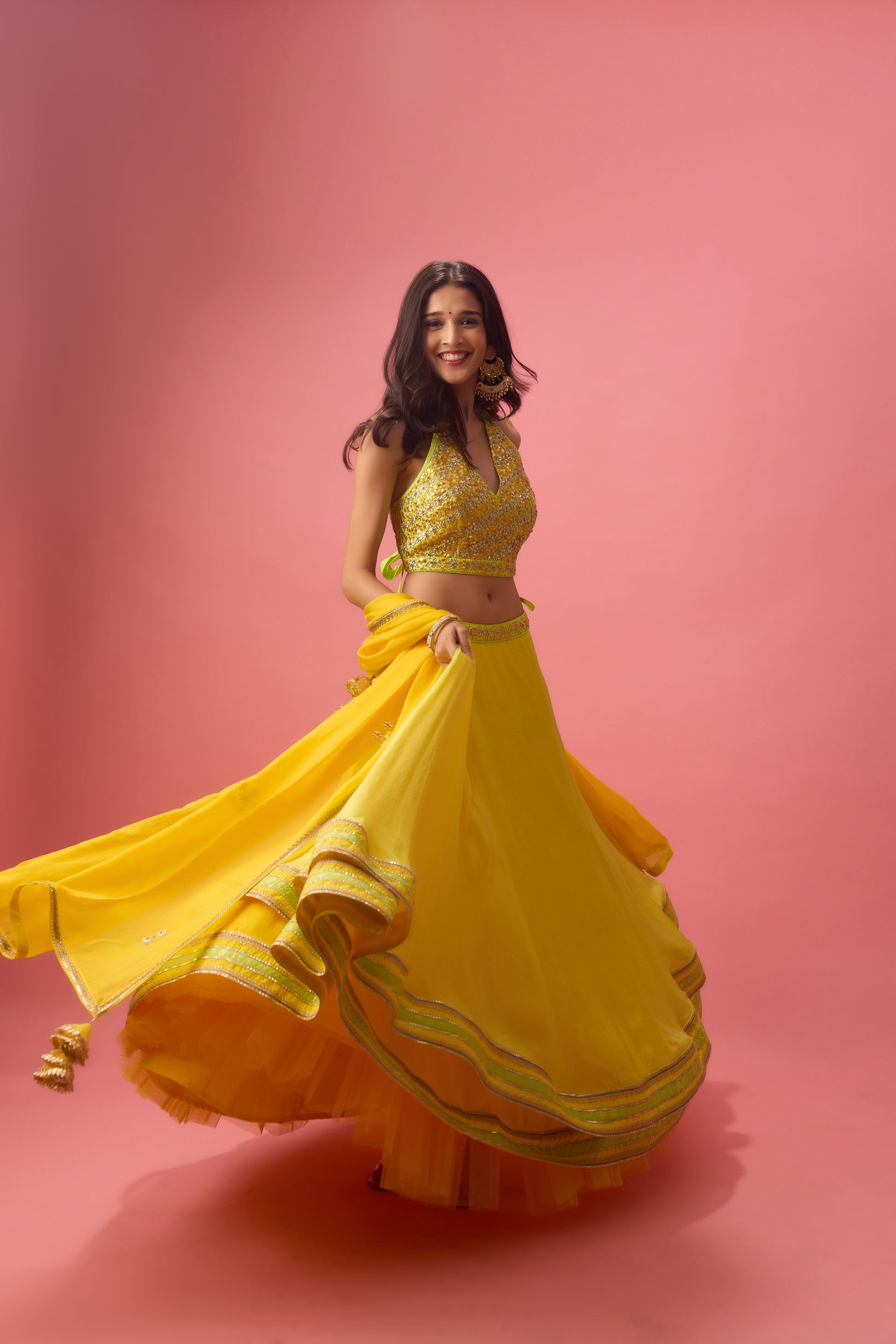 Lime Green Double Layer Organza Lehenga with Blouse and Dupatta
