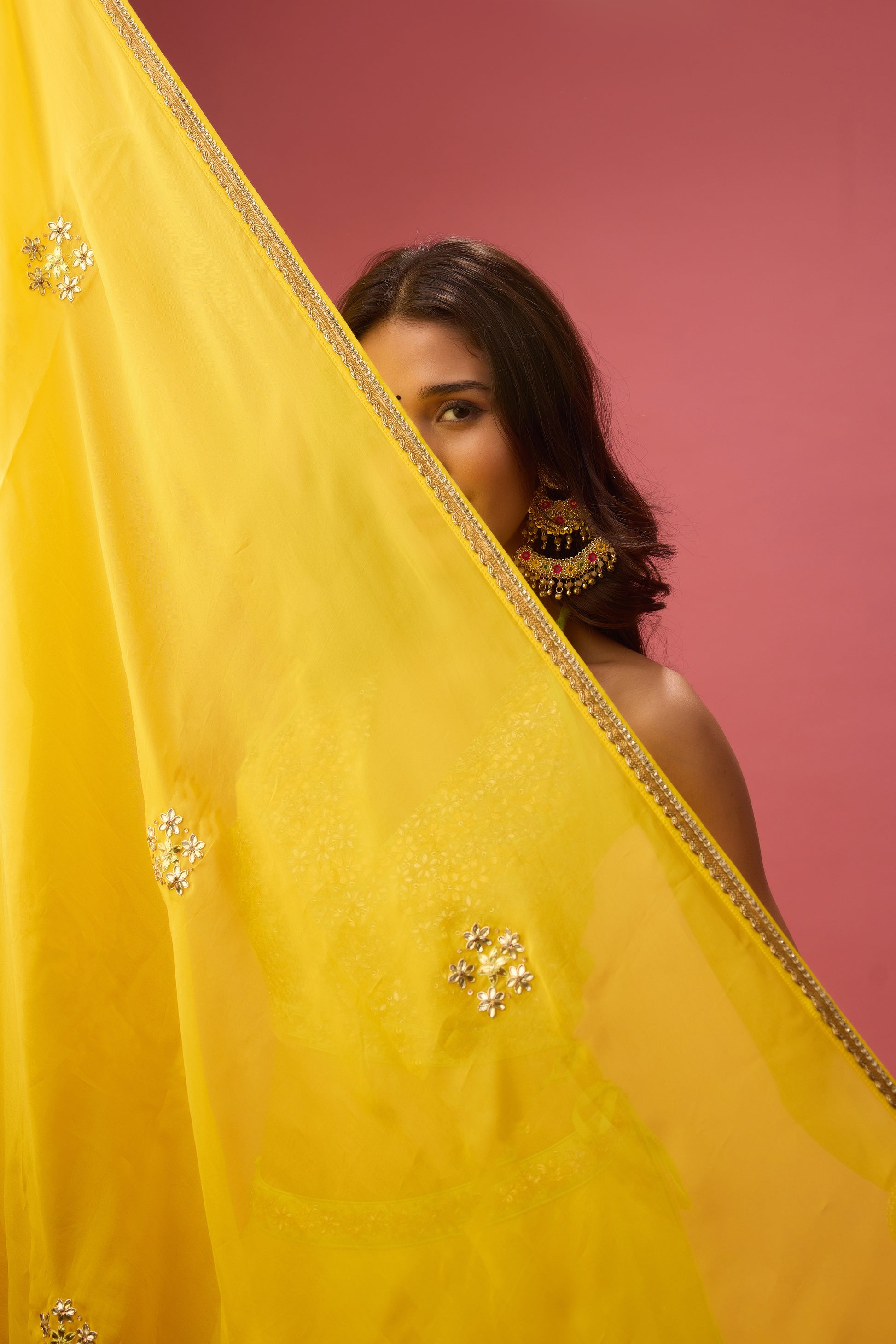Lime Green Double Layer Organza Lehenga with Blouse and Dupatta
