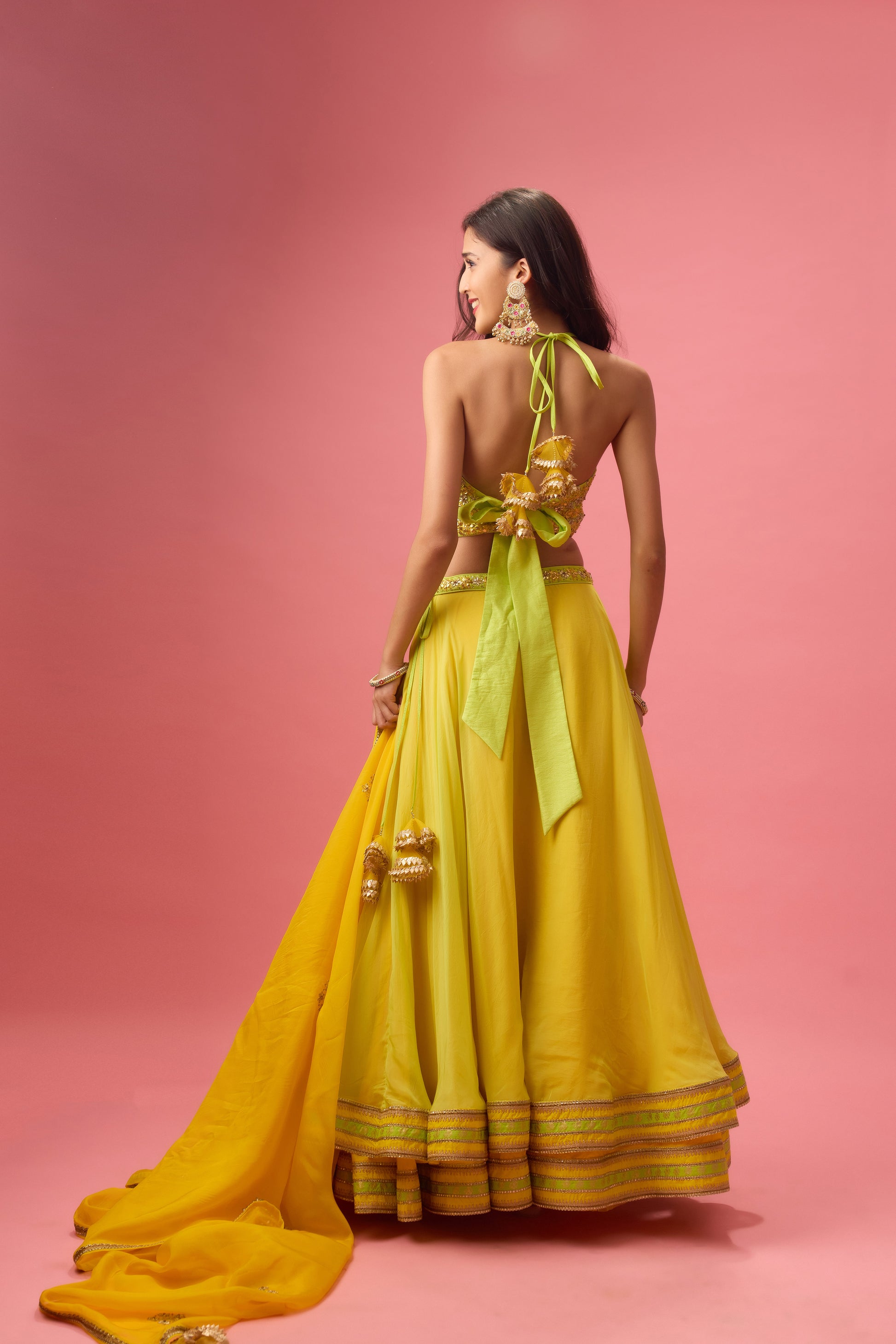 Lime Green Double Layer Organza Lehenga with Blouse and Dupatta