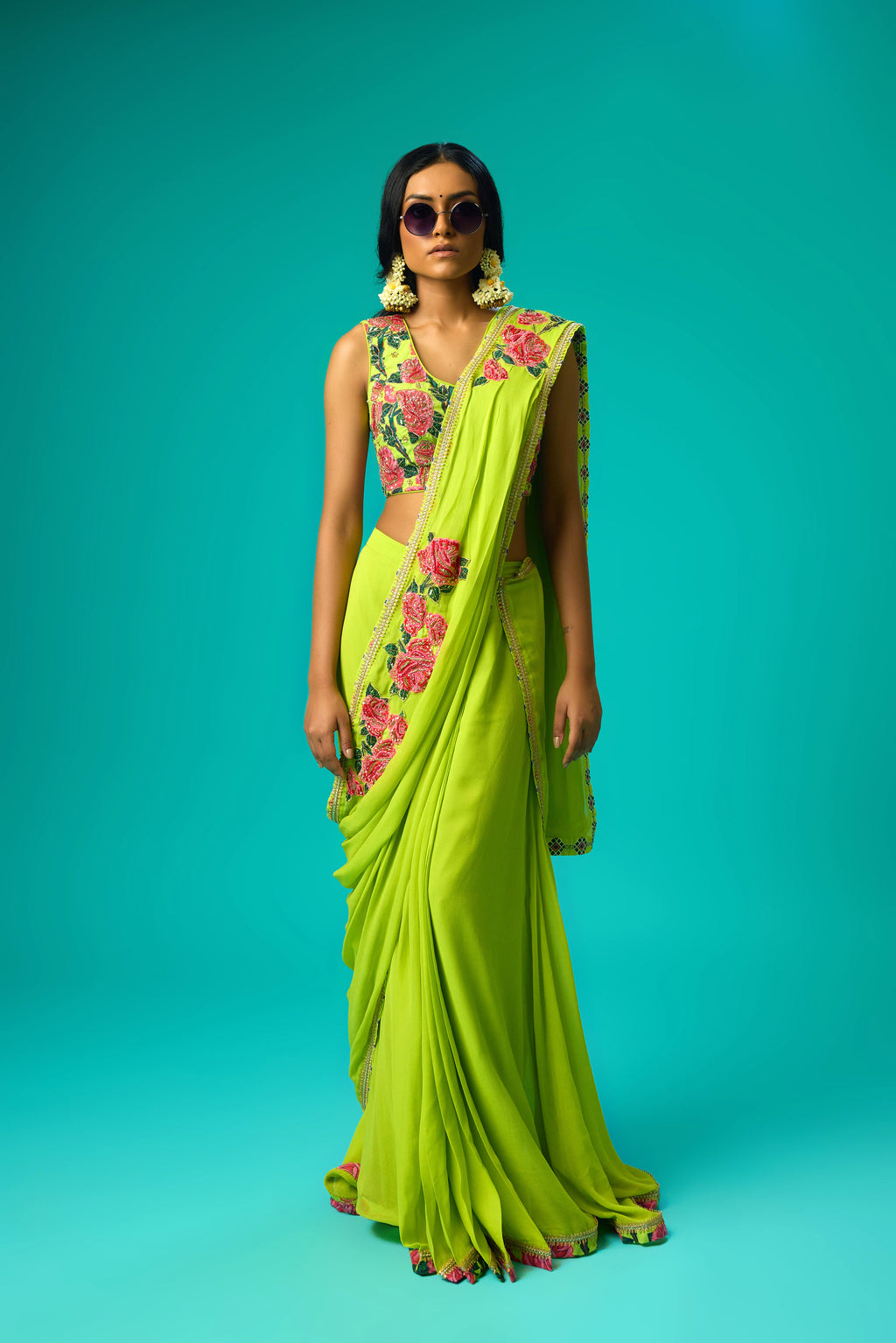 Georgette Rose Printed Applique Saree with printed hand work blouse