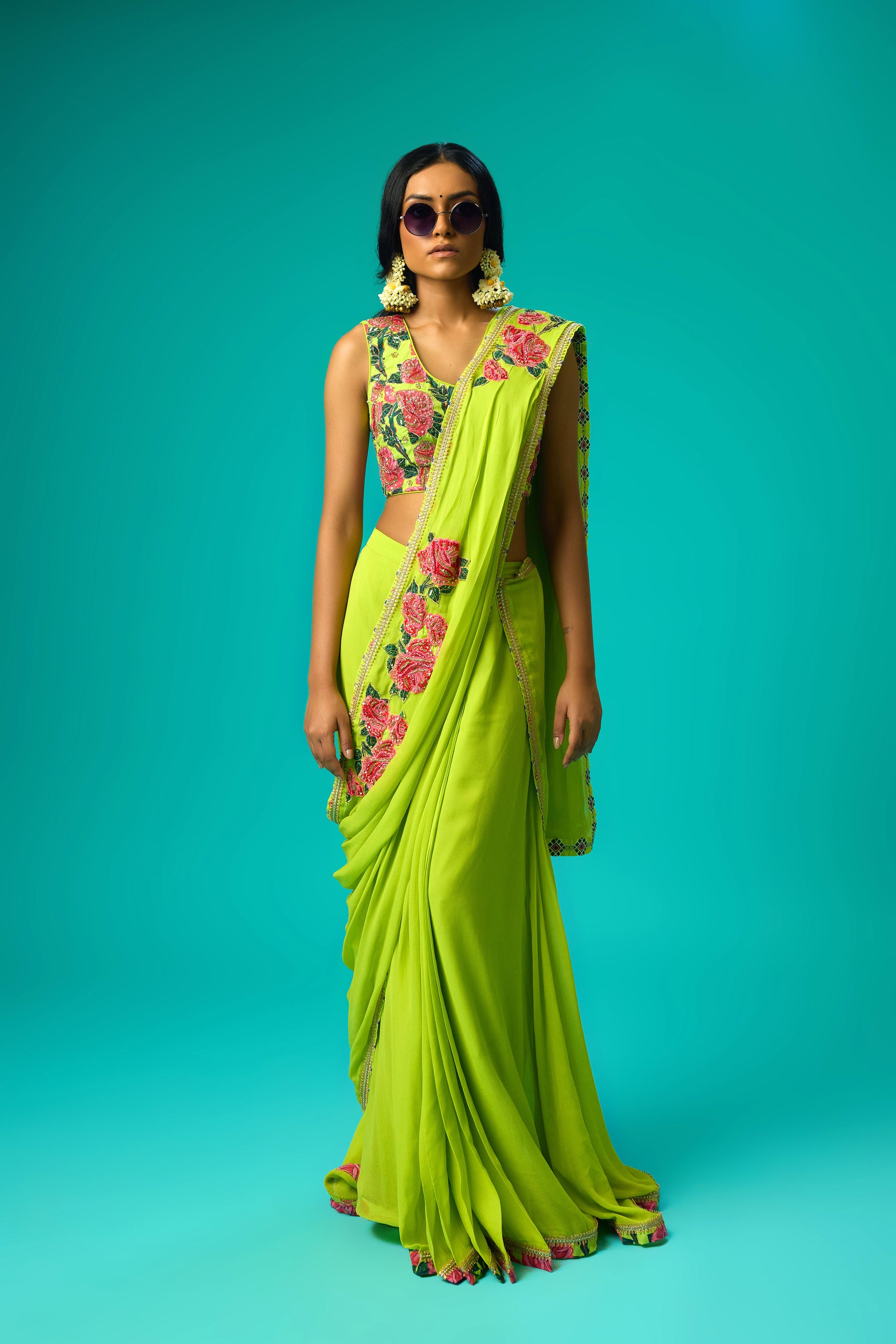 Georgette Rose Printed Applique Saree with printed hand work blouse