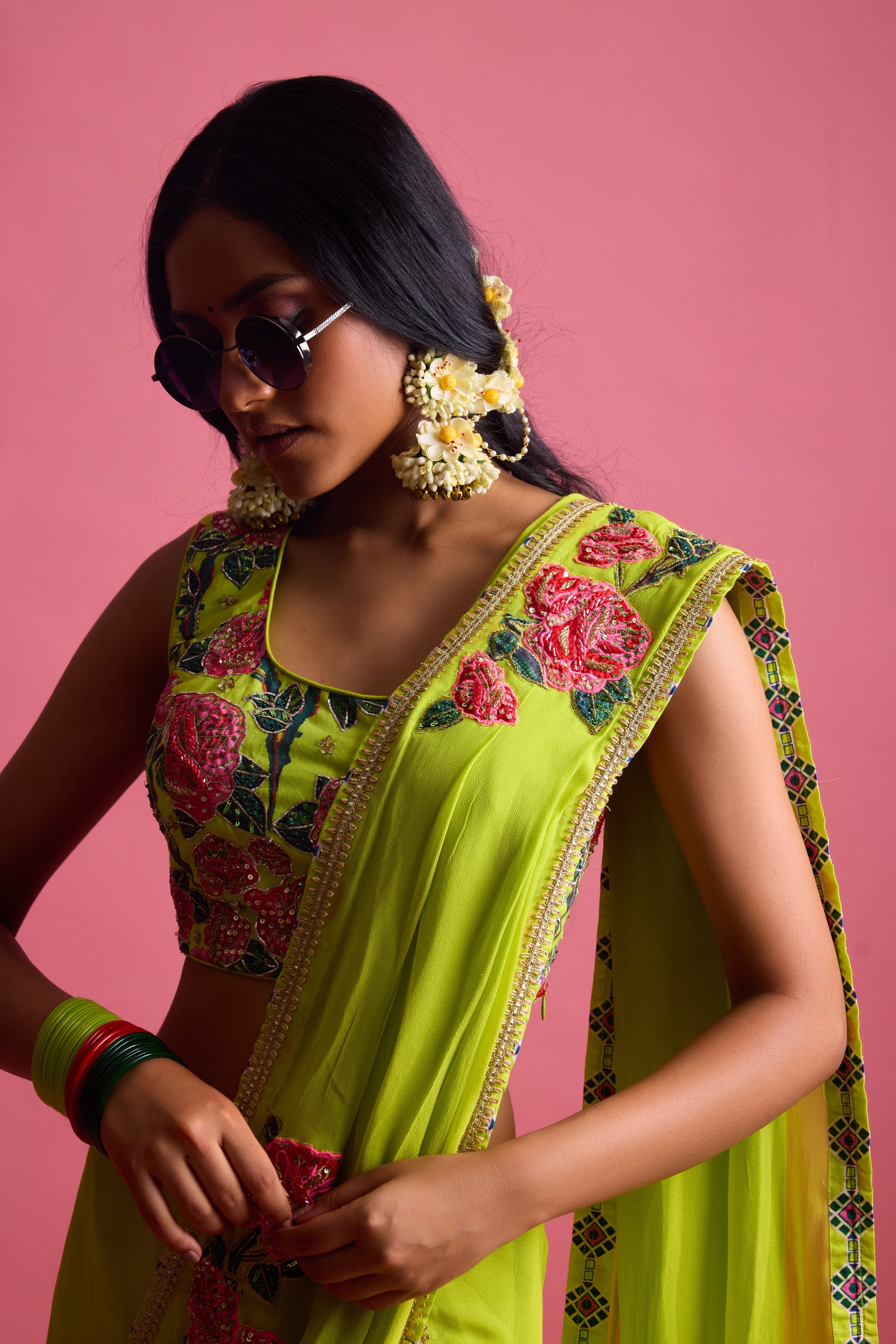 Georgette Rose Printed Applique Saree with printed hand work blouse
