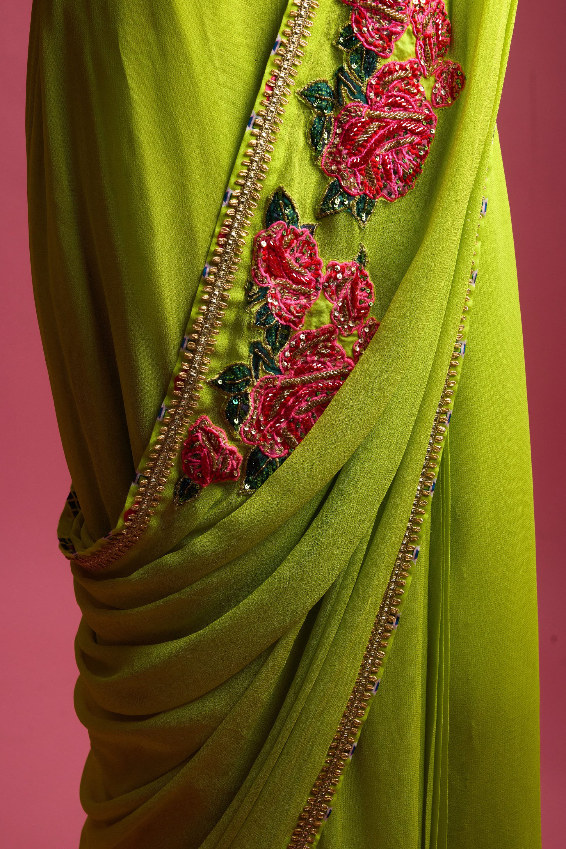 Georgette Rose Printed Applique Saree with printed hand work blouse