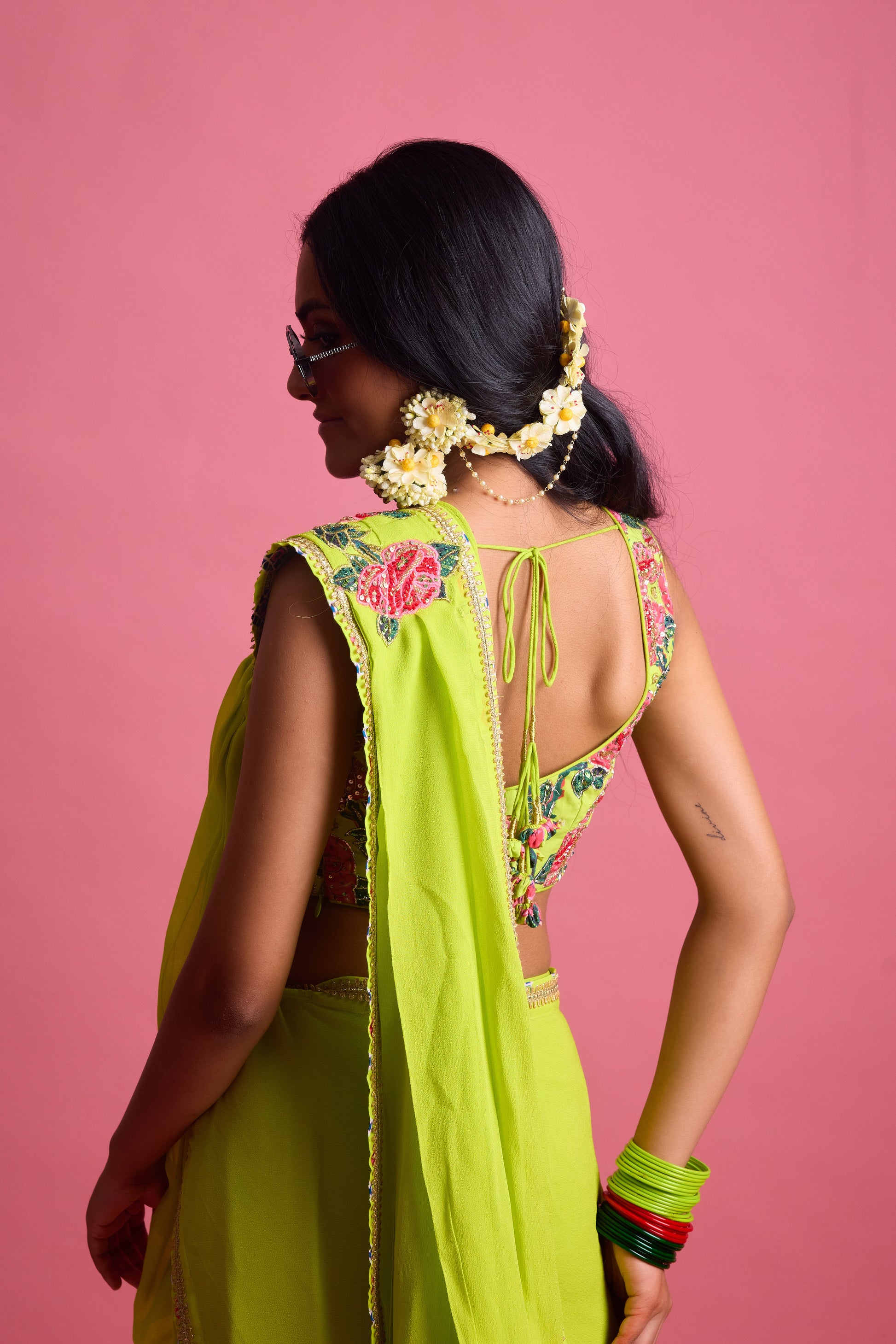 Georgette Rose Printed Applique Saree with printed hand work blouse