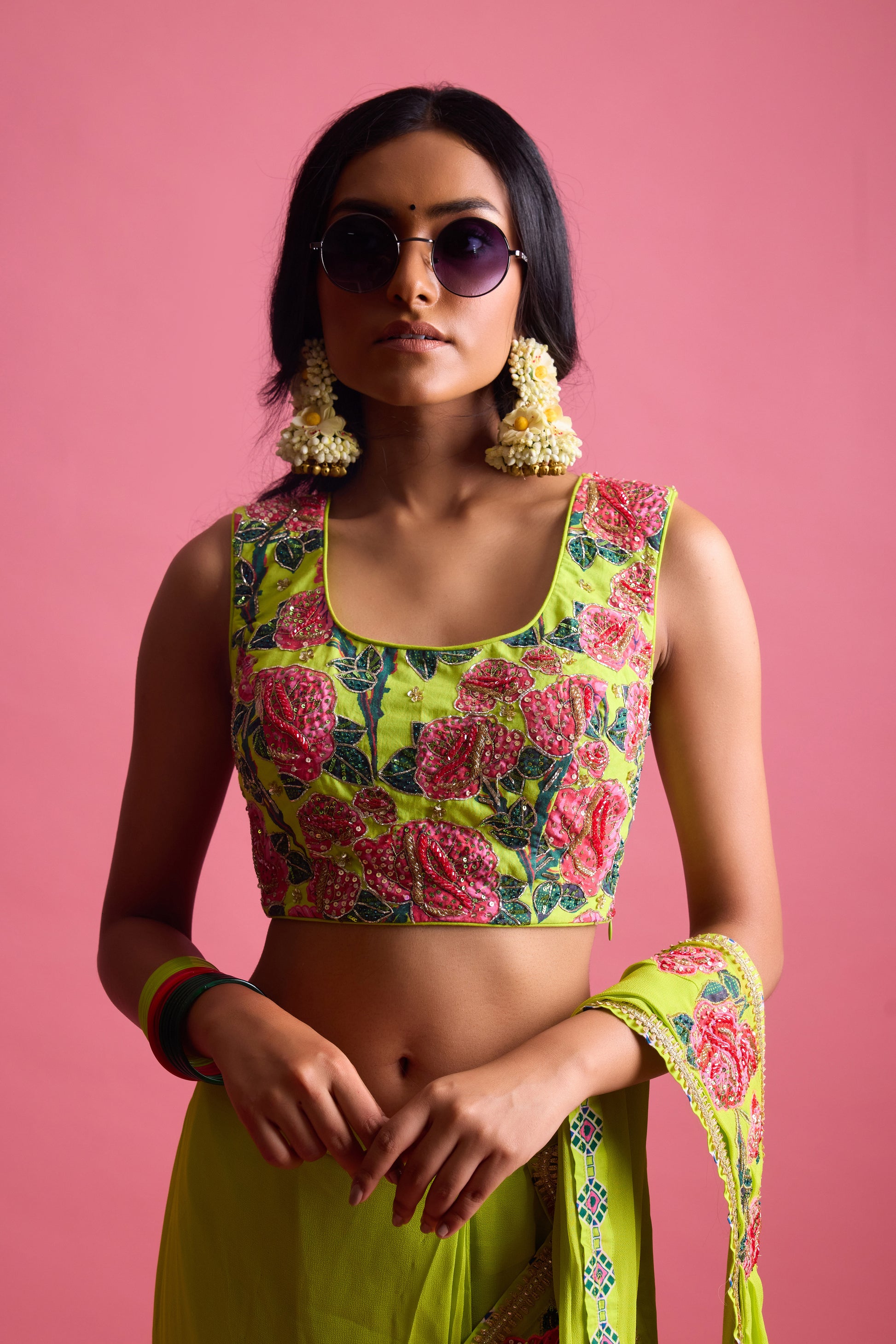 Georgette Rose Printed Applique Saree with printed hand work blouse