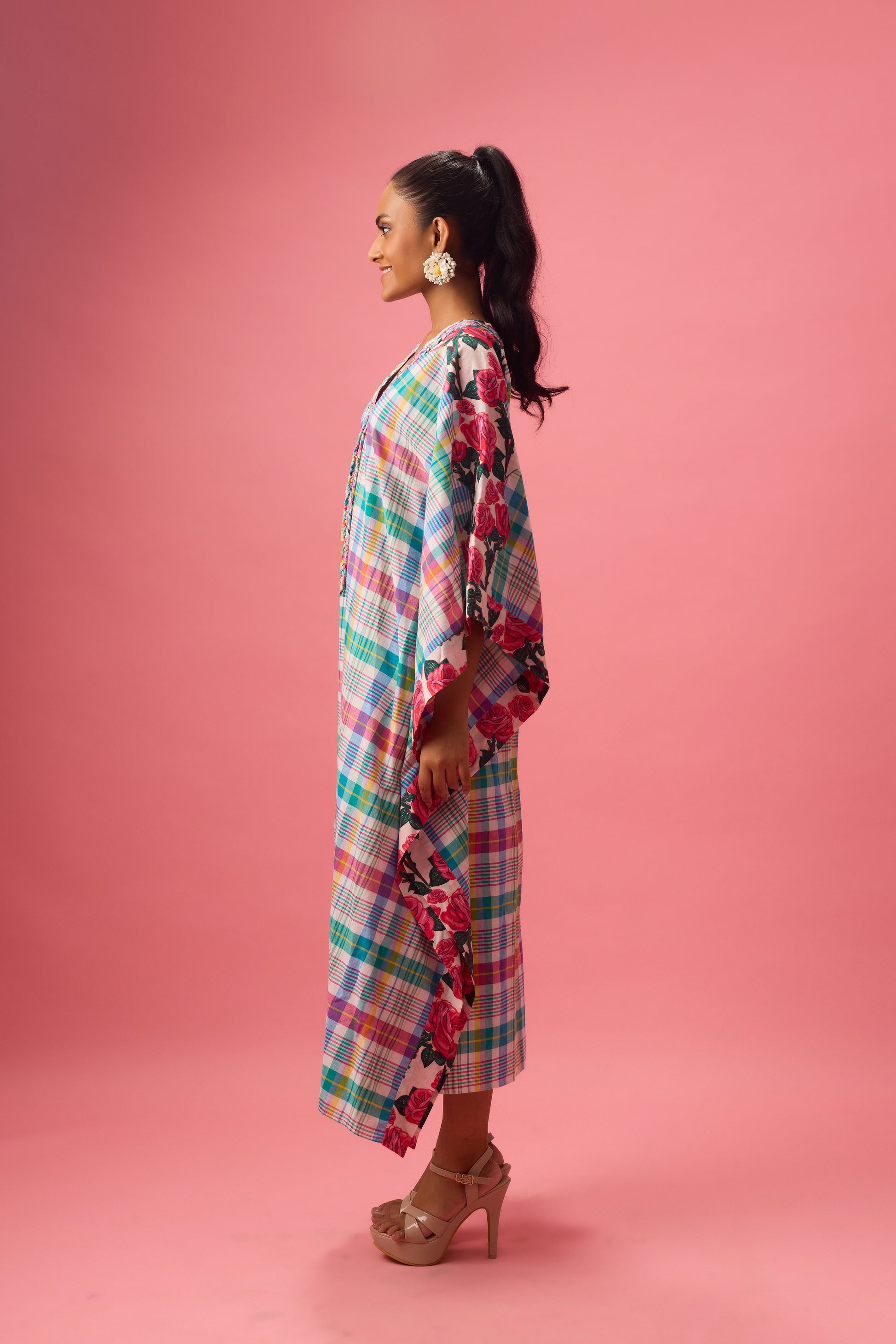 Madras Check with Floral Print Kaftaan