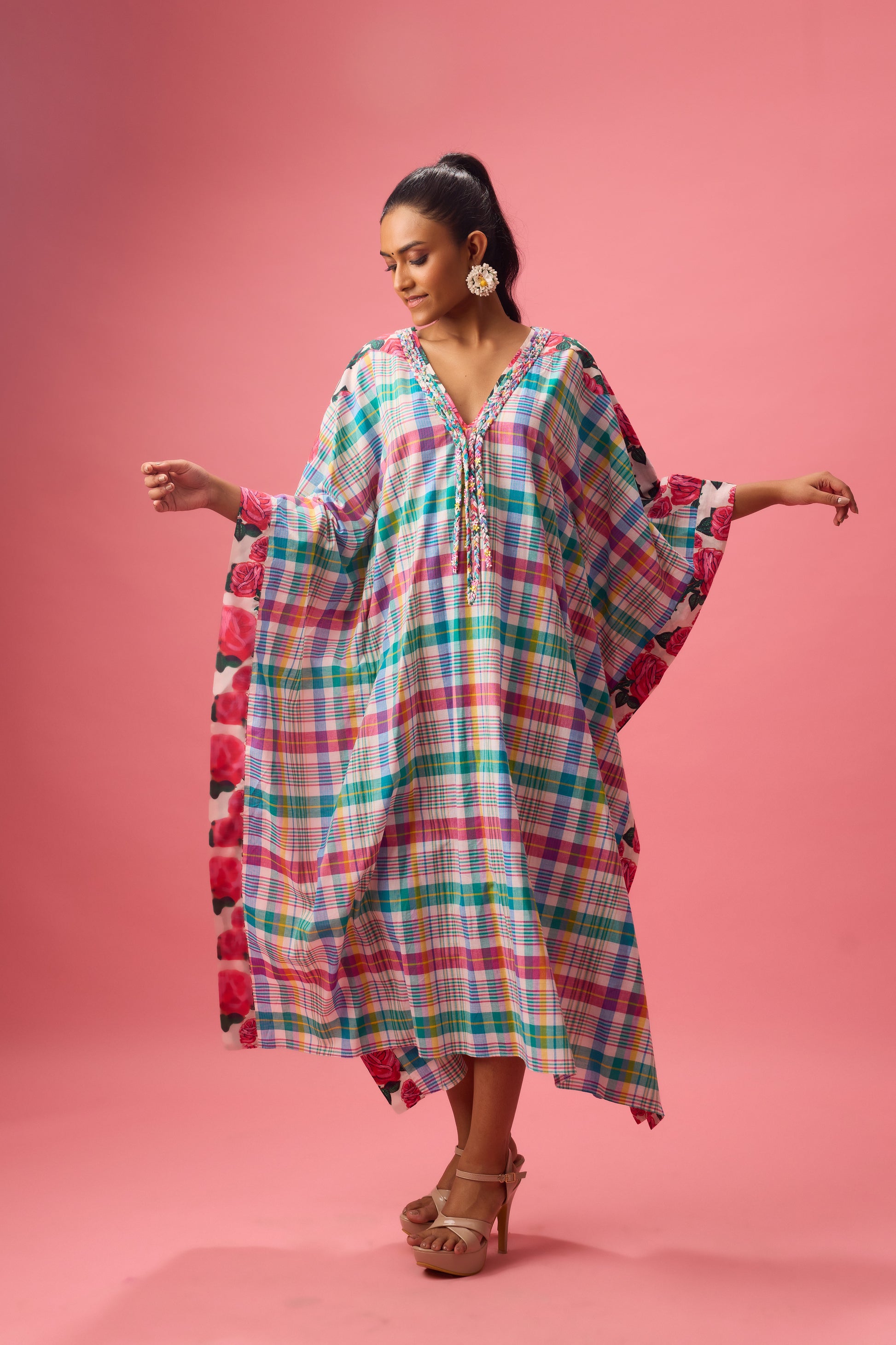 Madras Check with Floral Print Kaftaan