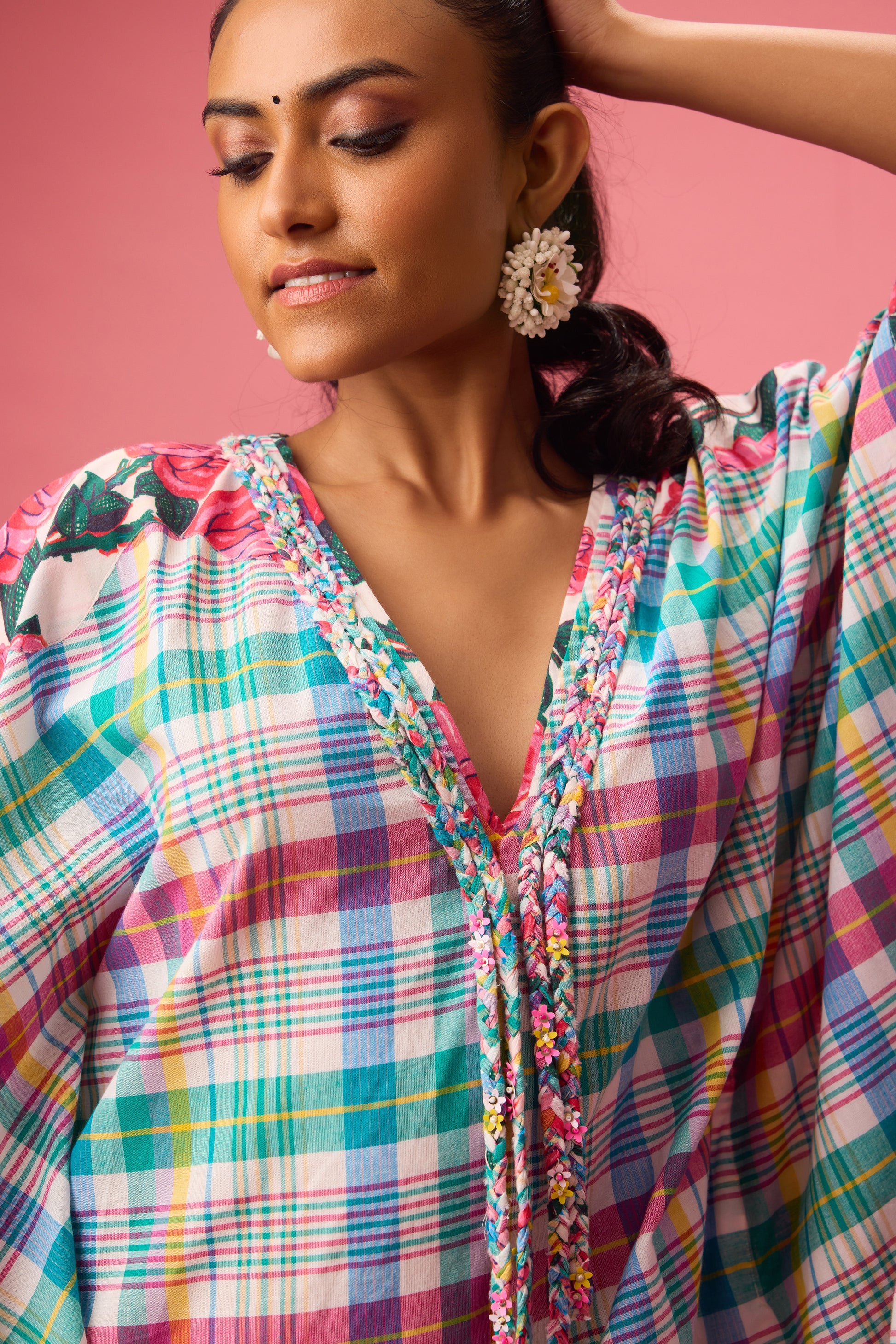 Madras Check with Floral Print Kaftaan