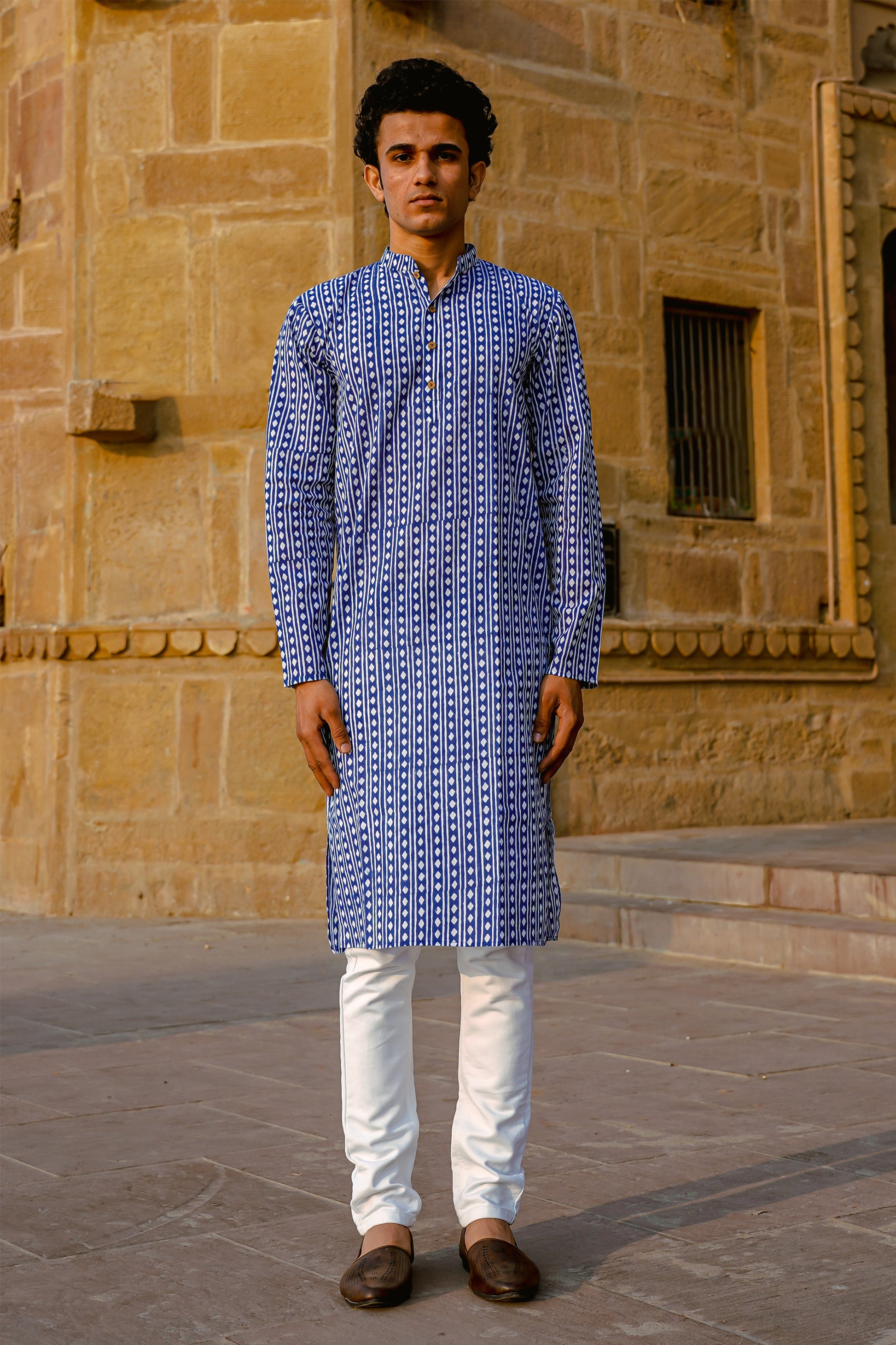 Blue Argyle Hand Block Kurta