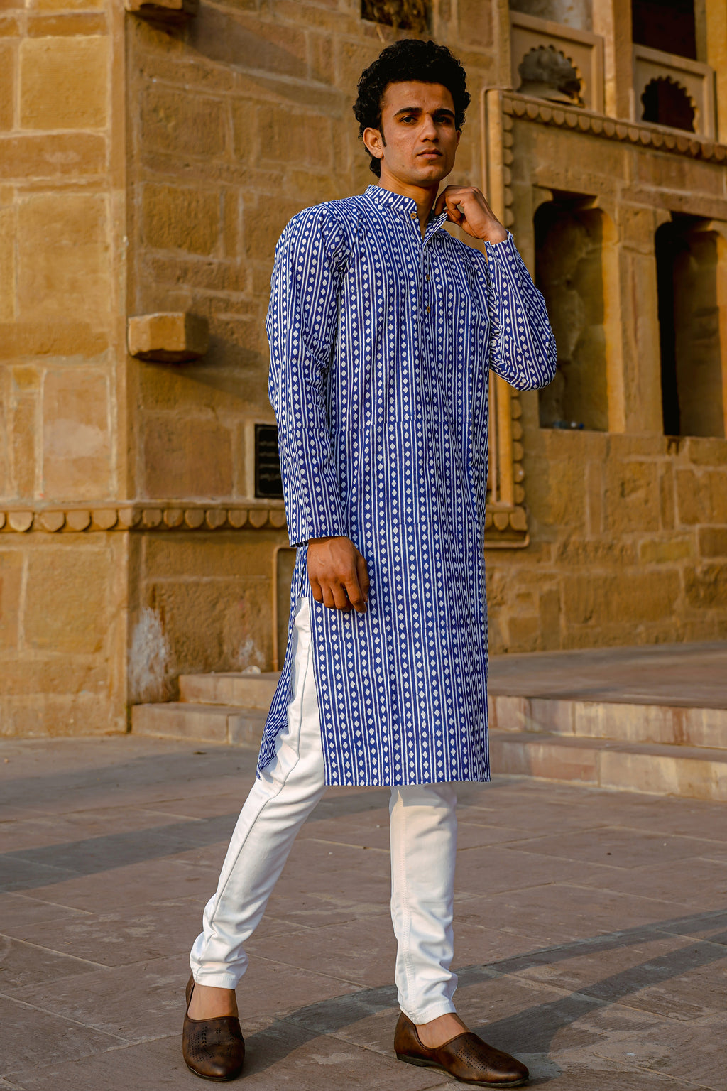 Blue Argyle Hand Block Kurta