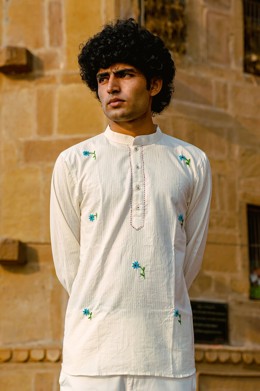 Hand-Embroidered Cotton Dobby Short Kurta