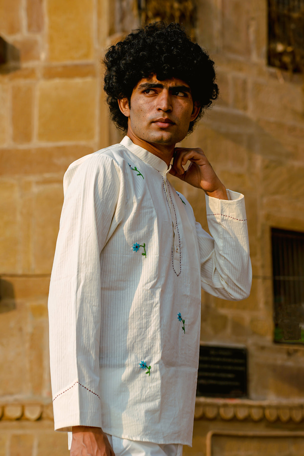 Hand-Embroidered Cotton Dobby Short Kurta
