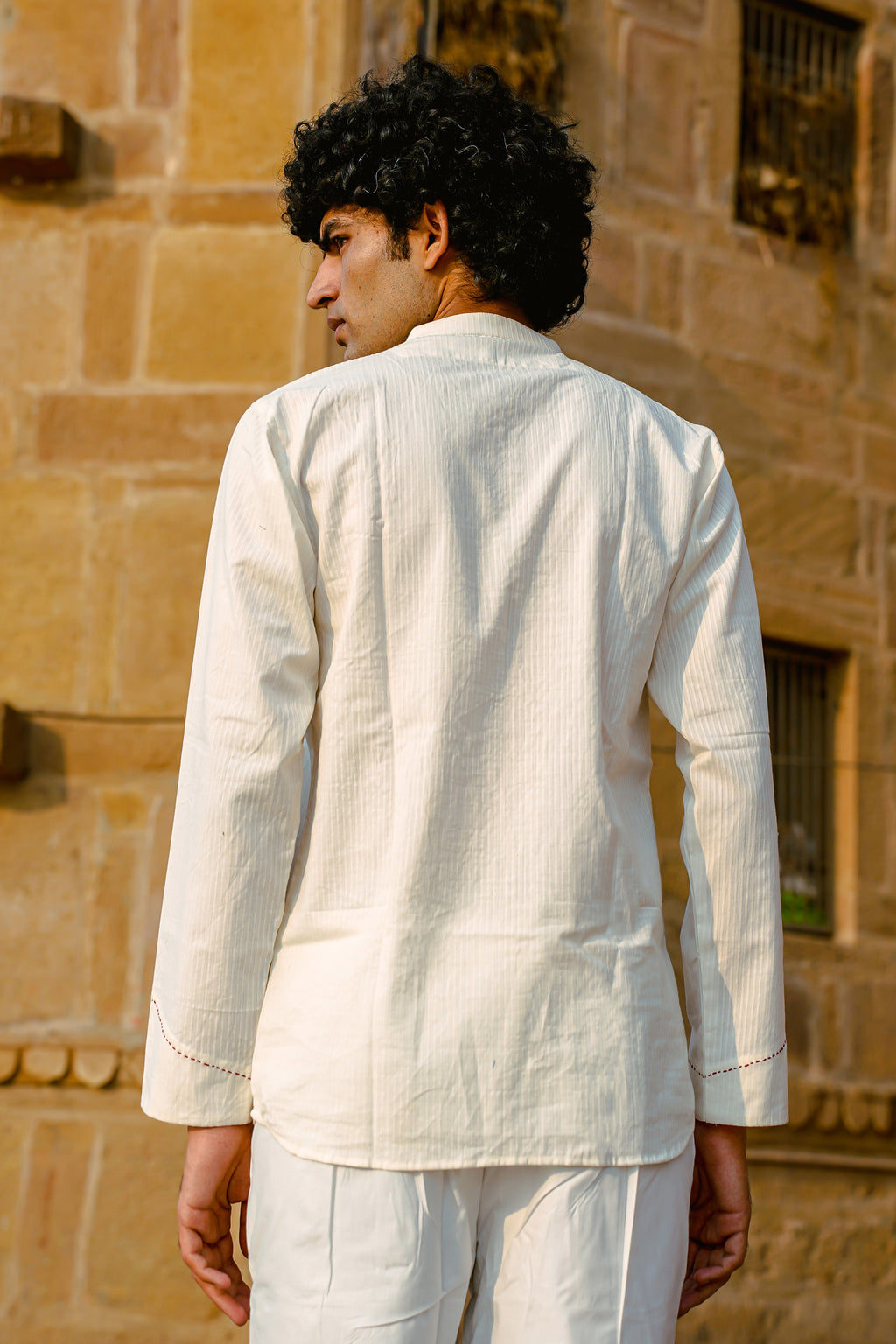 Hand-Embroidered Cotton Dobby Short Kurta