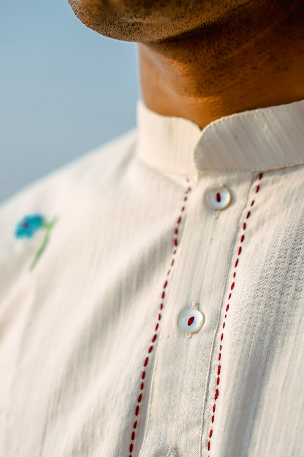 Hand-Embroidered Cotton Dobby Short Kurta