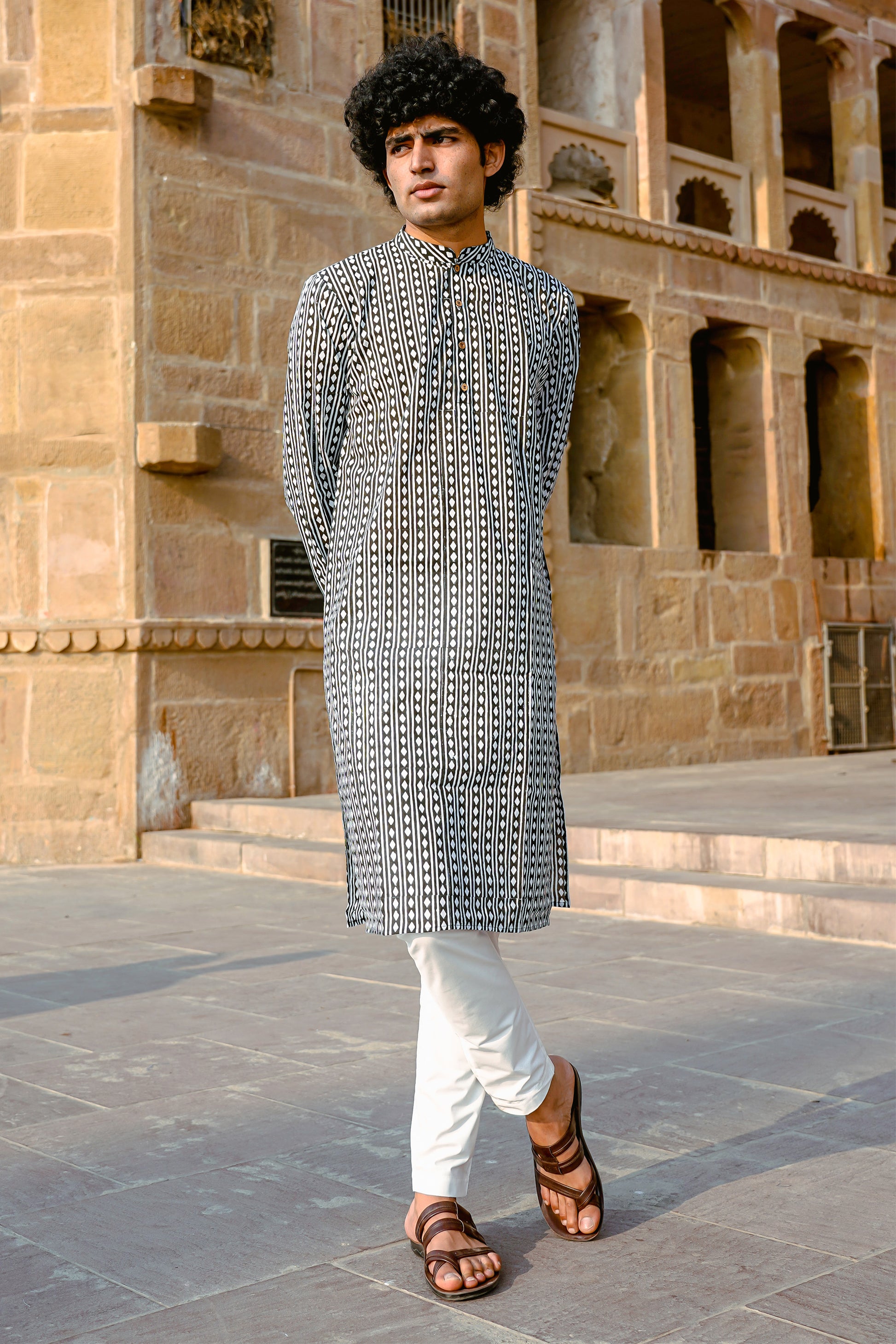 Black Argyle Hand-Block Kurta