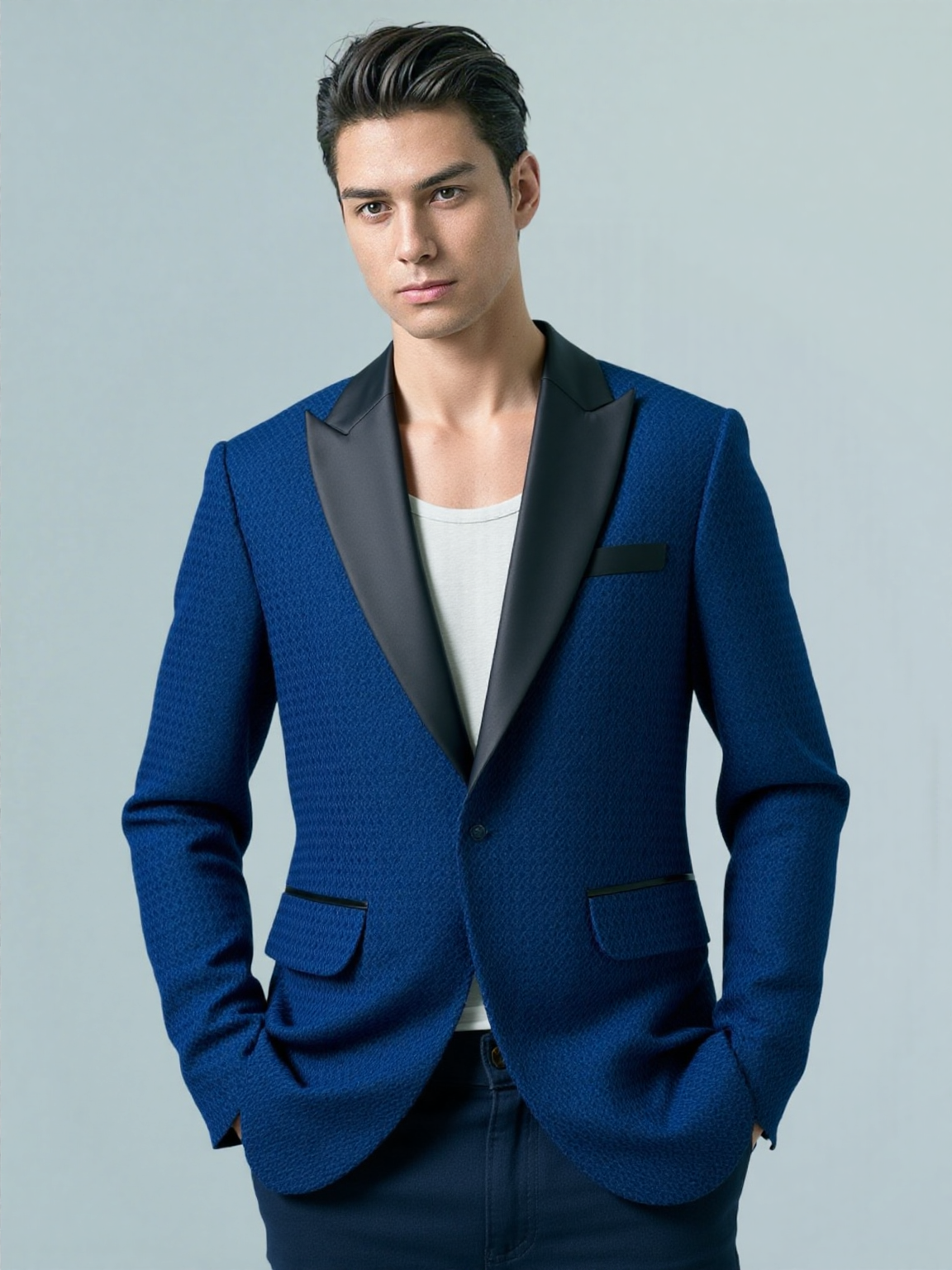 Elegant Blue Tuxedo in All Over Texture